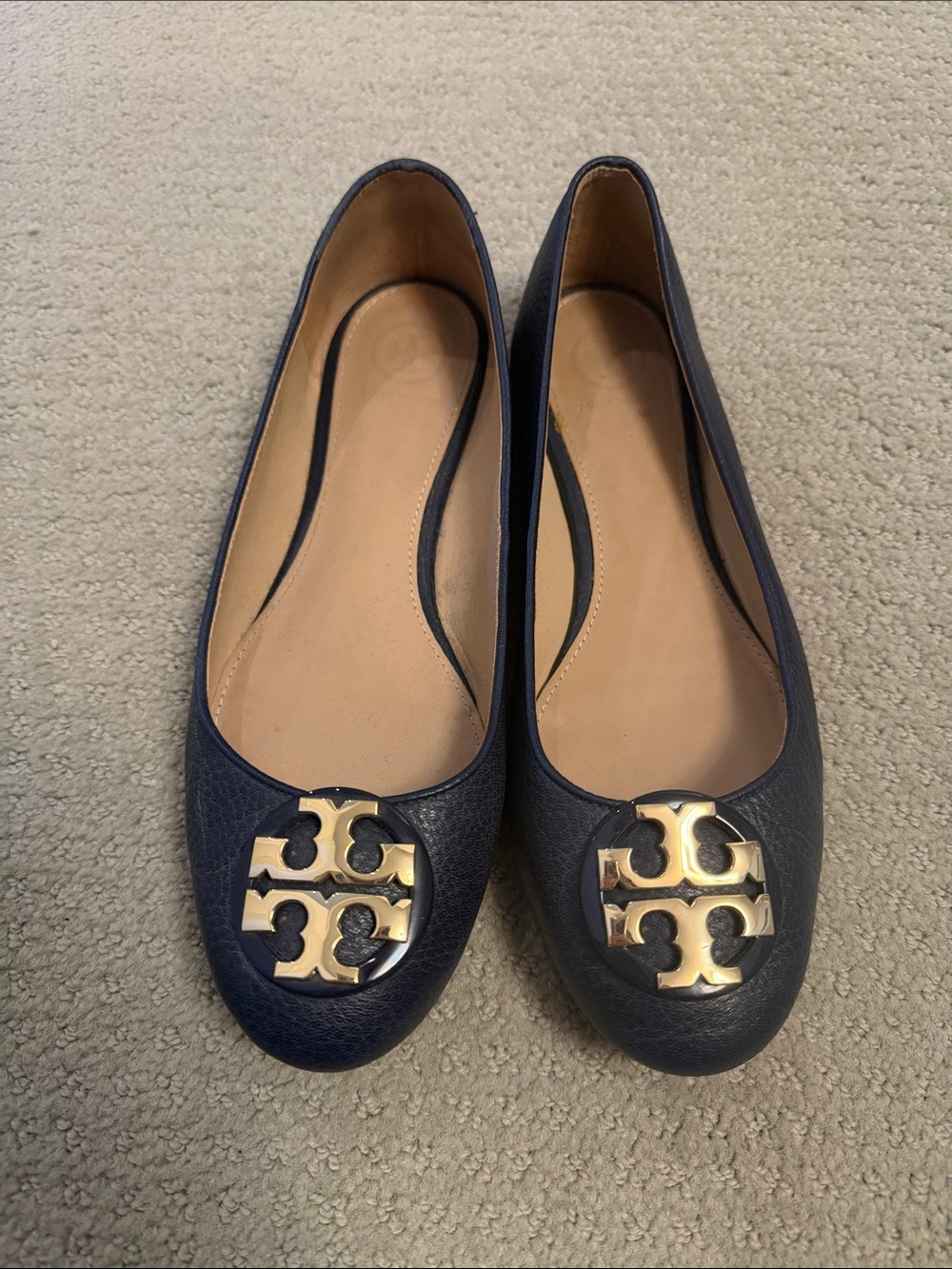 Tory Burch Navy Leather Logo Ballet Flats with Gold Emblem